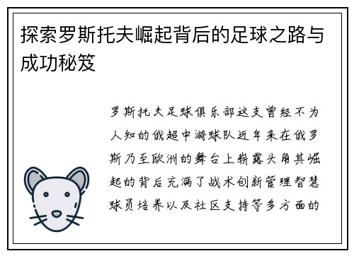 探索罗斯托夫崛起背后的足球之路与成功秘笈